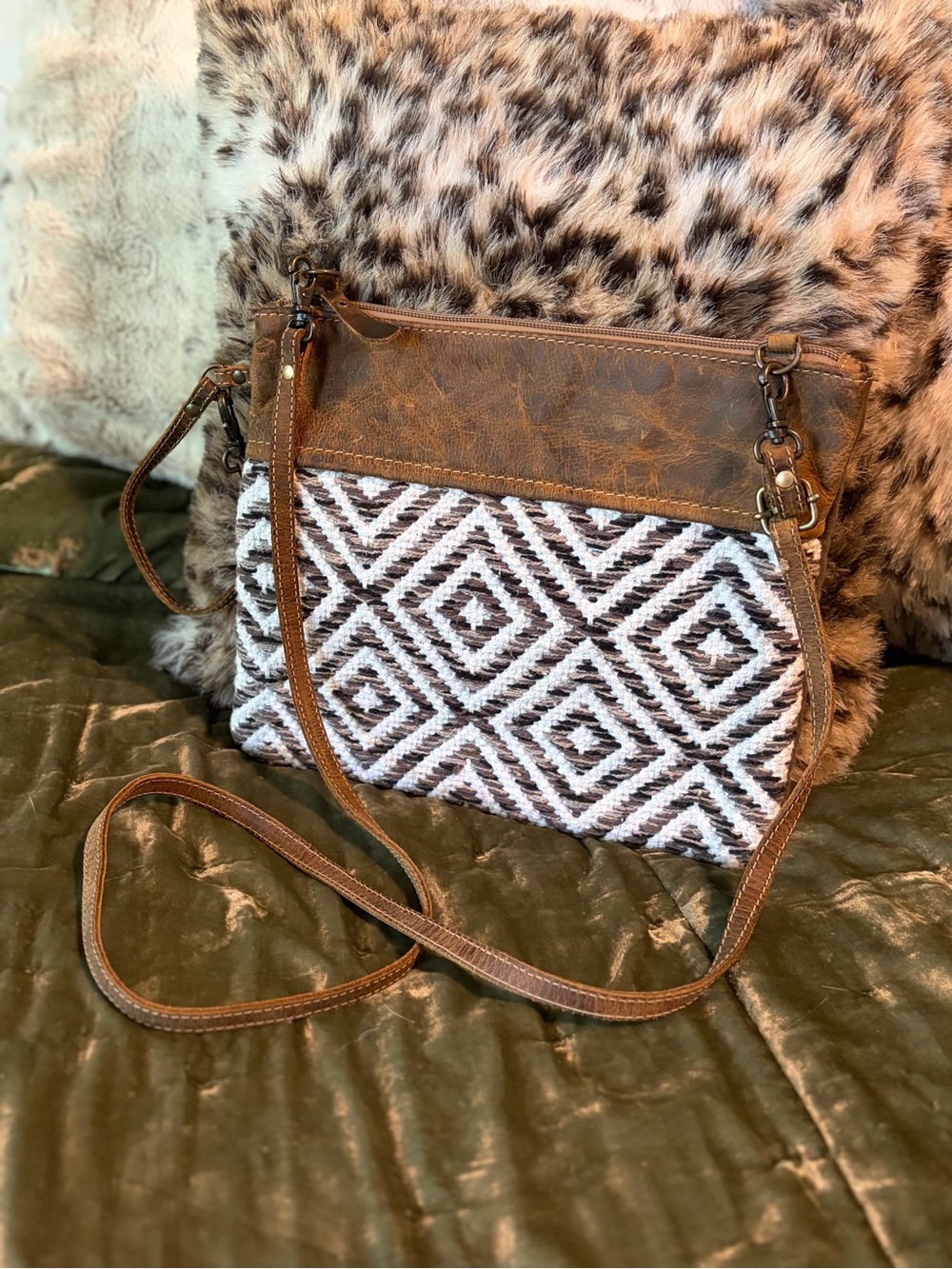 Myra Bag Brown & White Geometric Crossbody #1221